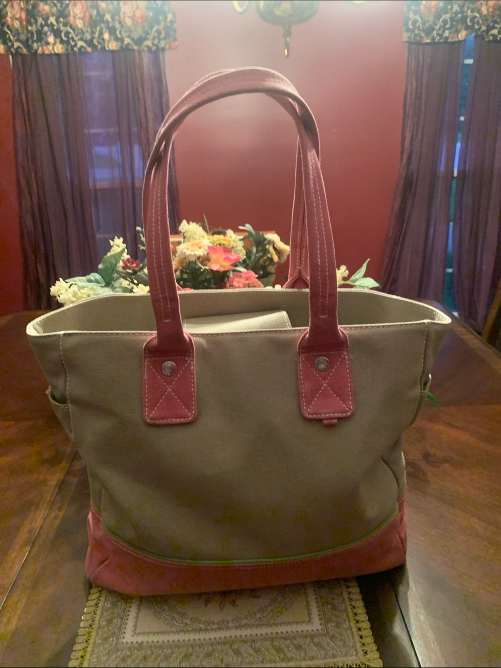 Tommy Hilfiger Beige Canvas Tote with Rose Trim and Handles